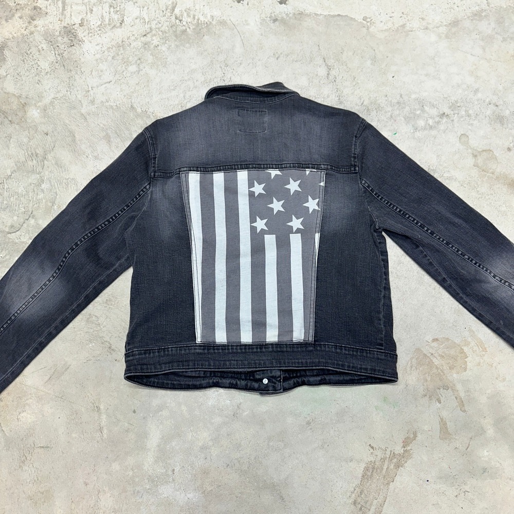 Rock & Republic Denim Jacket Teen Large Gray American Flag Back Distressed‎